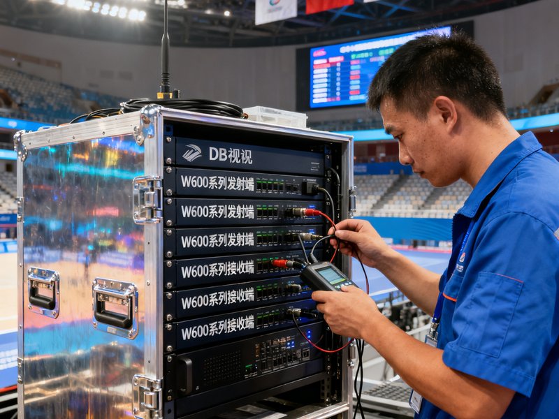 成都大运会主场馆内DB视讯无线图传设备部署现场，工程师正在进行赛前最后调试，设备机架上整齐排列着W600系列发射端和接收端。