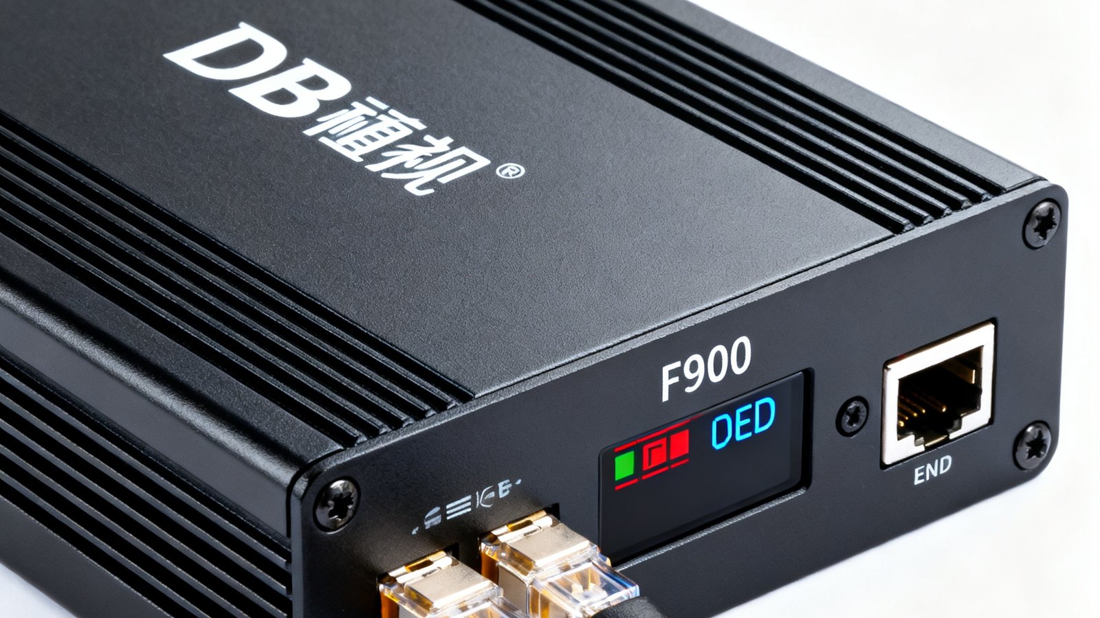 DB视讯F900系列光纤传输器产品特写，金属机身采用哑光黑色阳极氧化处理，前面板配备OLED状态显示屏和LC双芯光纤接口，侧面散热格栅设计精致，整体呈现工业级专业质感。